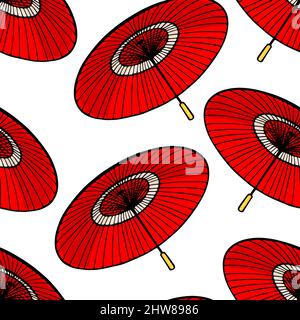 Seamless background of beautiful red Japanese umbrellas. hand-drawn illustration Stock Vector