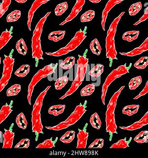 cute seamless background of different chili peppers. hand-drawn illustration Stock Vector