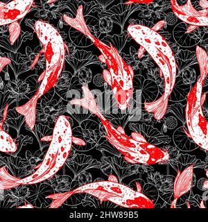 Seamless background of Koi Carps and lotus flower and leaves. Hand-drawn illustration Stock Vector