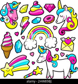 Fashion stickers set in 80s-90s pop style. Unicorn, crystal, diamond, ice-cream, rainbow, donut. Vector illustration. Stock Vector