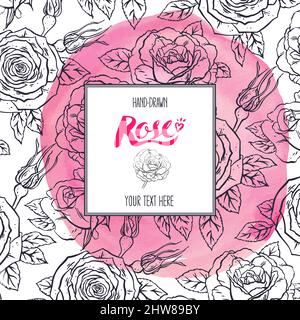 Beautiful sketch frame with roses on a pink watercolor background. hand-drawn illustration Stock Vector
