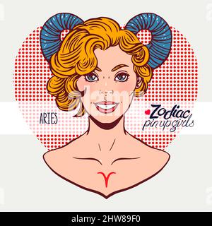 Zodiac signs - Aries as a girl in the style of pin-up. Hand-drawn illustration Stock Vector