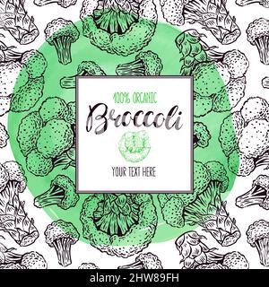 Beautiful sketch frame with broccoli on a green watercolor background. hand-drawn illustration Stock Vector