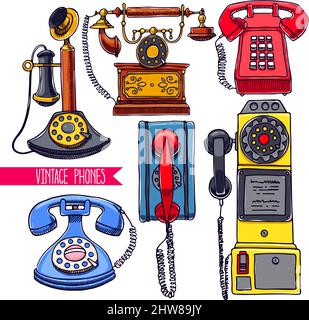 Retro and cell phones set isolated on white background. Vector cartoon ...