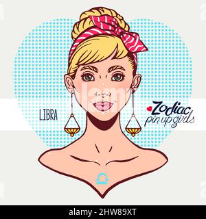 Zodiac signs - Libra as a girl in the style of pin-up. Hand-drawn illustration Stock Vector