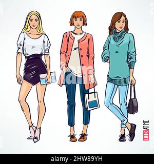 Set with three beautiful fashion modern girl. hand-drawn illustration Stock Vector