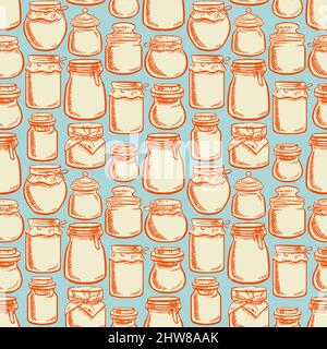 seamless hand-drawn mason jars with colorful contents - 3 Stock Vector