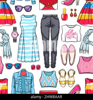 Seamless background with beautiful colorful female summer clothing Stock Vector