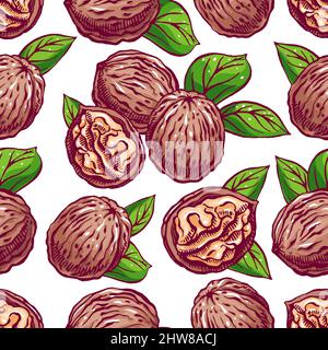 nuts. seamless background with walnut and leaves. hand-drawn illustration Stock Vector
