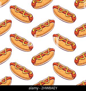 cute seamless background with appetizing hot dogs. hand-drawn illustration Stock Vector