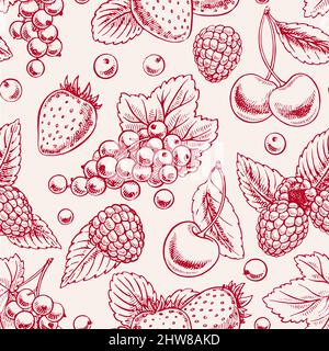 Cute seamless background with pink ripe berries and leaves. hand-drawn illustration Stock Vector