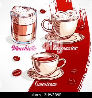 set with different types of coffee. hand-drawn illustration Stock Vector