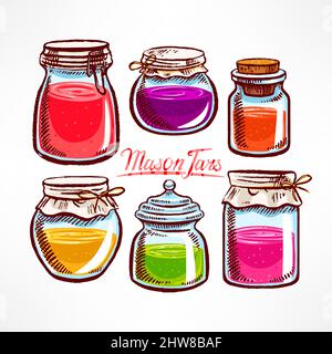 hand-drawn mason jars with colorful contents Stock Vector