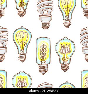 Seamless background of different light bulbs. hand-drawn illustration Stock Vector