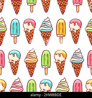 cute seamless background of different ice cream. hand-drawn illustration Stock Vector