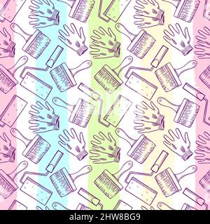 cute seamless background of sketch painter working tools. hand-drawn illustration Stock Vector