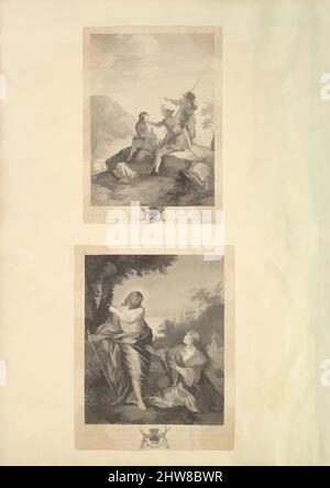 Art inspired by Leaf from Aedes Walpolianae mounted with two prints: (a): Three Soldiers; (b): Christ Appearing to Mary in the Garden, 18th–19th century, (a, b): engraving, Leaf: 28 15/16 × 20 1/2 in. (73.5 × 52 cm), After Salvator Rosa (Italian, Arenella (Naples) 1615–1673 Rome, Classic works modernized by Artotop with a splash of modernity. Shapes, color and value, eye-catching visual impact on art. Emotions through freedom of artworks in a contemporary way. A timeless message pursuing a wildly creative new direction. Artists turning to the digital medium and creating the Artotop NFT Stock Photo