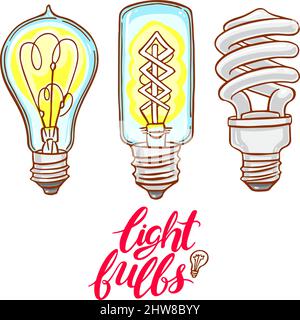 Set with three different bulbs. hand-drawn illustration Stock Vector