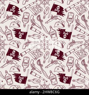 cute seamless pattern of a pirate ship and attributes. hand-drawn illustration Stock Vector