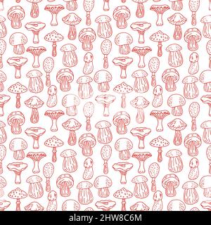 cute seamless sketch background of various kinds of mushrooms. hand-drawn illustration Stock Vector