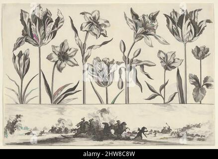 Art inspired by Horizontal Panel with a Row of Flowers Above a Frieze with a Battle Scene in a Landscape, from Livre Nouveau de Fleurs Tres-Util, 1645, Etching and burin, Sheet: 3 1/16 × 4 1/2 in. (7.8 × 11.4 cm), Nicolas Cochin (French, Troyes 1610–1686 Paris), At top, a horizontal, Classic works modernized by Artotop with a splash of modernity. Shapes, color and value, eye-catching visual impact on art. Emotions through freedom of artworks in a contemporary way. A timeless message pursuing a wildly creative new direction. Artists turning to the digital medium and creating the Artotop NFT Stock Photo