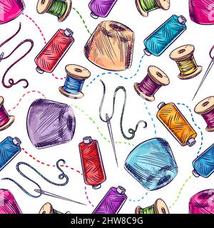 Seamless background with different spools of thread and needles. hand-drawn illustration Stock Vector