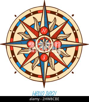Compass wind rose. Hand drawn vector illustration of medieval wind rose Stock Vector