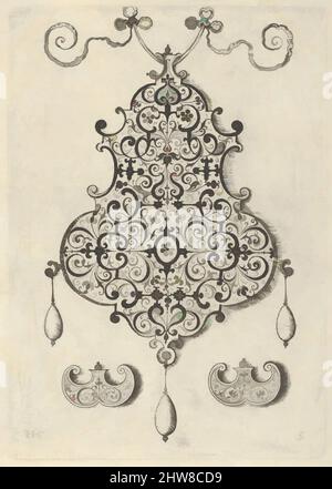 Art inspired by Design for the Verso of a Pendant with an Oval Motif Between Strapwork, 1604, Engraving and blackwork; second state of two (New Hollstein), Sheet: 6 7/16 × 4 3/4 in. (16.3 × 12 cm), Jan Collaert I (Netherlandish, Antwerp ca. 1530–1581 Antwerp), Vertical panel with a, Classic works modernized by Artotop with a splash of modernity. Shapes, color and value, eye-catching visual impact on art. Emotions through freedom of artworks in a contemporary way. A timeless message pursuing a wildly creative new direction. Artists turning to the digital medium and creating the Artotop NFT Stock Photo