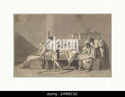 Art inspired by The Death of Socrates, ca. 1782, Pen and black ink, with brush and gray wash over black chalk, with light squaring in black chalk, Sheet: 9 5/8 × 14 7/8 in. (24.4 × 37.8 cm), Drawings, Jacques Louis David (French, Paris 1748–1825 Brussels, Classic works modernized by Artotop with a splash of modernity. Shapes, color and value, eye-catching visual impact on art. Emotions through freedom of artworks in a contemporary way. A timeless message pursuing a wildly creative new direction. Artists turning to the digital medium and creating the Artotop NFT Stock Photo