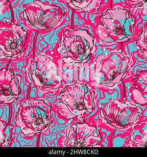 seamless abstract bright color poppies. hand-drawn illustration Stock Vector
