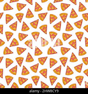 cute seamless background of delicious pizza slices. hand-drawn illustration Stock Vector