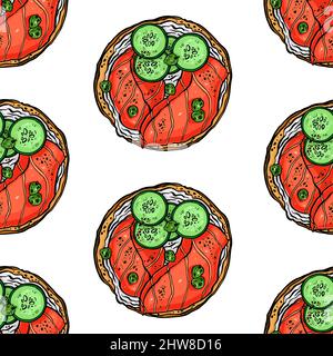 seamless background of delicious breakfast toasts with fish and other ingredients. hand drawn illustration Stock Vector
