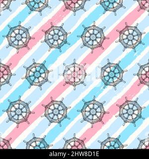 beautiful seamless background of maritime steering wheel. hand-drawn illustration Stock Vector