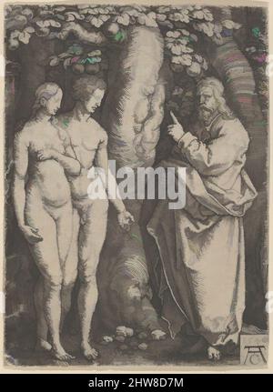Art inspired by God Forbidding Adam and Eve to Eat from the Tree of Knowledge, from The Story of Adam and Eve, 1540, Engraving, Sheet: 3 3/8 × 2 1/2 in. (8.6 × 6.4 cm), Prints, Heinrich Aldegrever (German, Paderborn ca. 1502–1555/1561 Soest), God, at right, addresses Adam and Eve, who, Classic works modernized by Artotop with a splash of modernity. Shapes, color and value, eye-catching visual impact on art. Emotions through freedom of artworks in a contemporary way. A timeless message pursuing a wildly creative new direction. Artists turning to the digital medium and creating the Artotop NFT Stock Photo