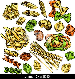 cute set of various kinds of pasta. hand-drawn illustration Stock Vector
