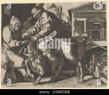 Art inspired by Copy of The Good Samaritan Paying the Innkeeper for the Care of the Wounded Man, after 1554, Engraving, Sheet: 3 1/8 × 3 7/8 in. (8 × 9.8 cm), Prints, after Heinrich Aldegrever (German, Paderborn ca. 1502–1555/1561 Soest), At left, the Good Samaritan lifts the limp body, Classic works modernized by Artotop with a splash of modernity. Shapes, color and value, eye-catching visual impact on art. Emotions through freedom of artworks in a contemporary way. A timeless message pursuing a wildly creative new direction. Artists turning to the digital medium and creating the Artotop NFT Stock Photo