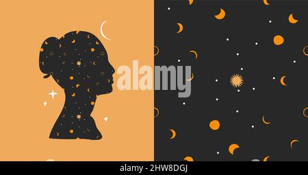 Hand drawn vector abstract stock flat graphic illustrations set with logo element,bohemian astrology magic art of galaxy space,crescent moon,stars,sun Stock Vector