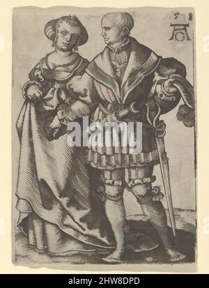 Art inspired by Dancing Couple, from The Small Wedding Dancers, 1538, Engraving, Sheet: 2 1/16 × 1 9/16 in. (5.3 × 3.9 cm), Prints, Heinrich Aldegrever (German, Paderborn ca. 1502–1555/1561 Soest, Classic works modernized by Artotop with a splash of modernity. Shapes, color and value, eye-catching visual impact on art. Emotions through freedom of artworks in a contemporary way. A timeless message pursuing a wildly creative new direction. Artists turning to the digital medium and creating the Artotop NFT Stock Photo