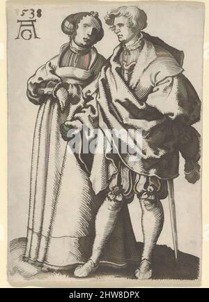 Art inspired by Dancing Couple, from The Small Wedding Dancers, 1538, Engraving, Sheet: 2 1/16 × 1 1/2 in. (5.2 × 3.8 cm), Prints, Heinrich Aldegrever (German, Paderborn ca. 1502–1555/1561 Soest, Classic works modernized by Artotop with a splash of modernity. Shapes, color and value, eye-catching visual impact on art. Emotions through freedom of artworks in a contemporary way. A timeless message pursuing a wildly creative new direction. Artists turning to the digital medium and creating the Artotop NFT Stock Photo