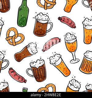 Seamless background of different beer. Hand drawn illustrations Stock Vector