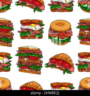 Seamless background of different appetizing sandwiches. Hand-drawn illustration Stock Vector