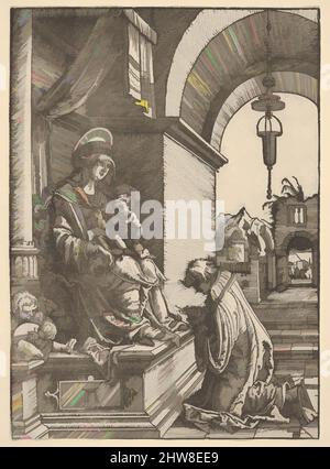 Art inspired by A Cleric Kneeling Before the Virgin and Christ Child, Woodcut, Sheet: 6 5/8 × 4 3/4 in. (16.8 × 12.1 cm), Prints, Albrecht Altdorfer (German, Regensburg ca. 1480–1538 Regensburg, Classic works modernized by Artotop with a splash of modernity. Shapes, color and value, eye-catching visual impact on art. Emotions through freedom of artworks in a contemporary way. A timeless message pursuing a wildly creative new direction. Artists turning to the digital medium and creating the Artotop NFT Stock Photo
