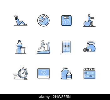 Doing sports - modern line design style icons set with editable stroke. Fitness, stretching, active exercise for healthy body. Proper nutrition, weigh Stock Vector