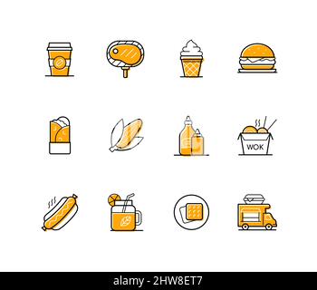 Fast food - modern line design style icons set with editable stroke. A quick snack. Coffee, hamburger or hot dog, hot corn, noodles and crackers, sauc Stock Vector