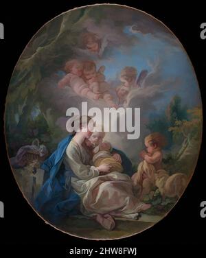 Art inspired by Virgin and Child with the Young Saint John the Baptist and Angels, 1765, Oil on canvas, Oval, 16 1/8 x 13 5/8 in. (41 x 34.6 cm), Paintings, François Boucher (French, Paris 1703–1770 Paris), Boucher was named director of the French Royal Academy in 1765, the year in, Classic works modernized by Artotop with a splash of modernity. Shapes, color and value, eye-catching visual impact on art. Emotions through freedom of artworks in a contemporary way. A timeless message pursuing a wildly creative new direction. Artists turning to the digital medium and creating the Artotop NFT Stock Photo