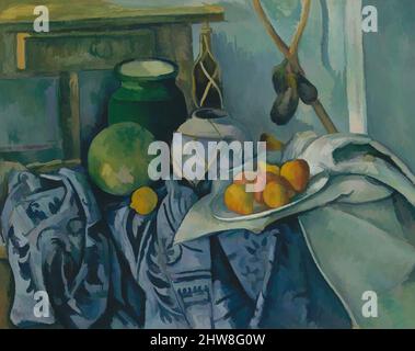 Art inspired by Still Life with a Ginger Jar and Eggplants, 1893–94, Oil on canvas, 28 1/2 x 36 in. (72.4 x 91.4 cm), Paintings, Paul Cézanne (French, Aix-en-Provence 1839–1906 Aix-en-Provence), For this commanding still life, with its richly orchestrated play of overlapping shapes, Classic works modernized by Artotop with a splash of modernity. Shapes, color and value, eye-catching visual impact on art. Emotions through freedom of artworks in a contemporary way. A timeless message pursuing a wildly creative new direction. Artists turning to the digital medium and creating the Artotop NFT Stock Photo