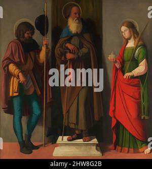 Art inspired by Three Saints: Roch, Anthony Abbot, and Lucy, ca. 1513, Oil on canvas, transferred from wood, 50 1/2 x 48 in. (128.3 x 121.9 cm), Paintings, Cima da Conegliano (Giovanni Battista Cima) (Italian, Conegliano ca. 1459–1517/18 Venice or Conegliano), Given the elevated, Classic works modernized by Artotop with a splash of modernity. Shapes, color and value, eye-catching visual impact on art. Emotions through freedom of artworks in a contemporary way. A timeless message pursuing a wildly creative new direction. Artists turning to the digital medium and creating the Artotop NFT Stock Photo