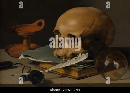 Art inspired by Still Life with a Skull and a Writing Quill, 1628, Oil on wood, 9 1/2 x 14 1/8 in. (24.1 x 35.9 cm), Paintings, Pieter Claesz (Dutch, Berchem? 1596/97–1660 Haarlem), This is one of the earliest dated still lifes by Claesz, a Haarlem painter who gave extraordinary, Classic works modernized by Artotop with a splash of modernity. Shapes, color and value, eye-catching visual impact on art. Emotions through freedom of artworks in a contemporary way. A timeless message pursuing a wildly creative new direction. Artists turning to the digital medium and creating the Artotop NFT Stock Photo