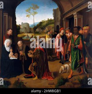 Art inspired by The Adoration of the Magi, ca. 1520, Oil on wood, Overall 27 3/4 x 28 7/8 in. (70.5 x 73.3 cm); painted surface 27 1/2 x 28 3/8 in. (69.2 x 72.1 cm), Paintings, Workshop of Gerard David (Netherlandish, Oudewater ca. 1455–1523 Bruges), First established in Bruges, Gerard, Classic works modernized by Artotop with a splash of modernity. Shapes, color and value, eye-catching visual impact on art. Emotions through freedom of artworks in a contemporary way. A timeless message pursuing a wildly creative new direction. Artists turning to the digital medium and creating the Artotop NFT Stock Photo