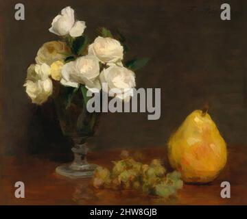Art inspired by Still Life with Roses and Fruit, 1863, Oil on canvas, 13 5/8 x 16 3/8 in. (34.6 x 41.6 cm), Paintings, Henri Fantin-Latour (French, Grenoble 1836–1904 Buré), In this early painting, which is interesting for its slightly eccentric, off-balance composition, Fantin had yet, Classic works modernized by Artotop with a splash of modernity. Shapes, color and value, eye-catching visual impact on art. Emotions through freedom of artworks in a contemporary way. A timeless message pursuing a wildly creative new direction. Artists turning to the digital medium and creating the Artotop NFT Stock Photo